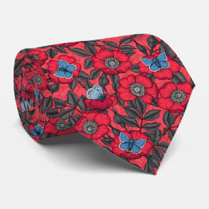 Dog rose and butterflies in red and blue tie