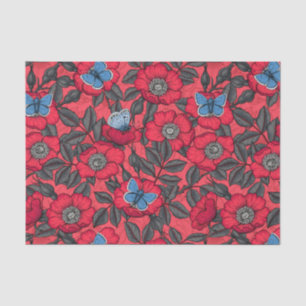 Dog rose and butterflies in red and blue tissue paper