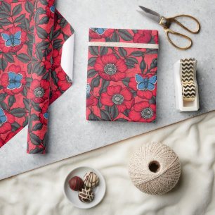 Dog rose and butterflies in red and blue wrapping paper
