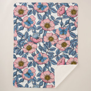 Dog rose and butterflies sherpa blanket