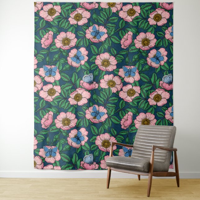 Dog rose and butterflies tapestry (In Situ)