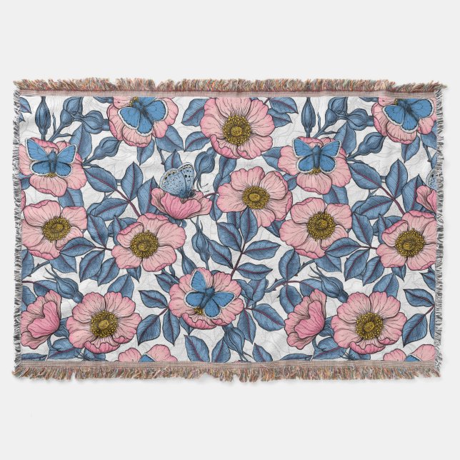 Dog rose and butterflies throw blanket (Front)