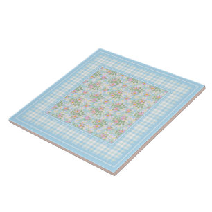 Dog Rose Flowers and Blue Checks Ceramic Tile