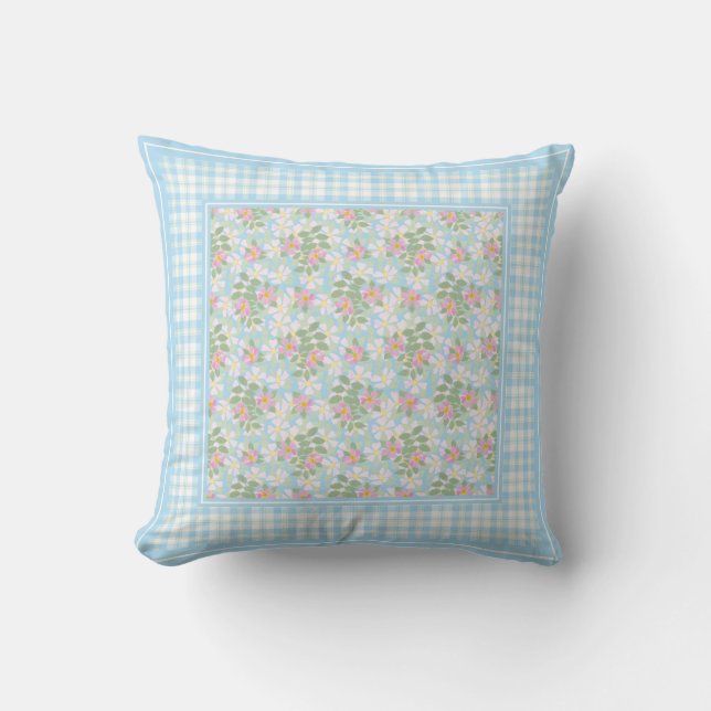 Dog Rose Flowers and Blue Checks Cushion or Pillow (Front)