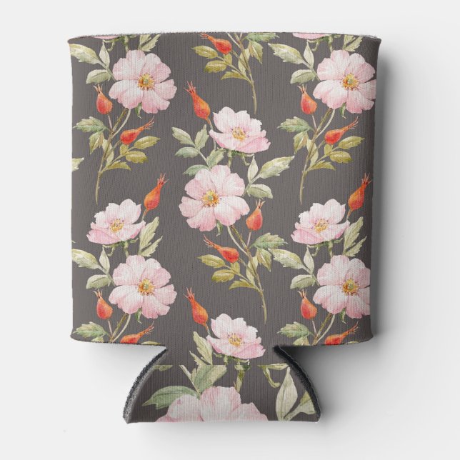 Dog Rose Watercolor: Dark Floral Pattern Can Cooler (Front)