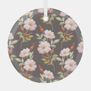 Dog Rose Watercolor: Dark Floral Pattern Glass Tree Decoration