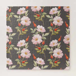 Dog Rose Watercolor: Dark Floral Pattern Jigsaw Puzzle