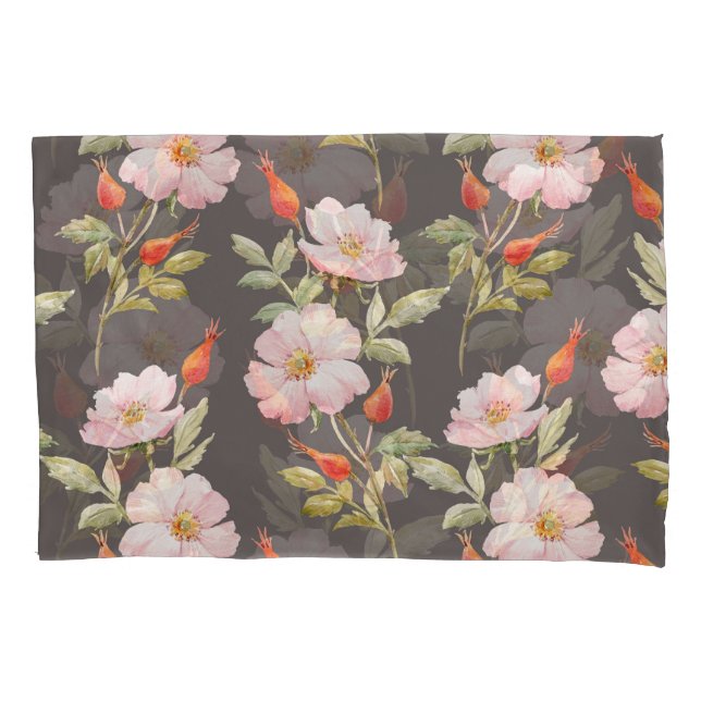 Dog Rose Watercolor: Dark Floral Pattern Pillowcase (Front)