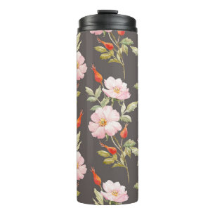 Dog Rose Watercolor: Dark Floral Pattern Thermal Tumbler