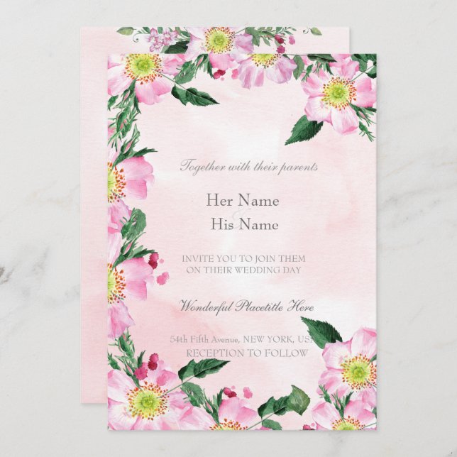 Dog Roses on pink background Wedding Invitation (Front/Back)