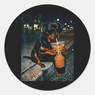 Dog rottweiler drinking iced coffee funny animal classic round sticker