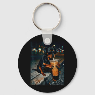 Dog rottweiler drinking iced coffee funny animal key ring