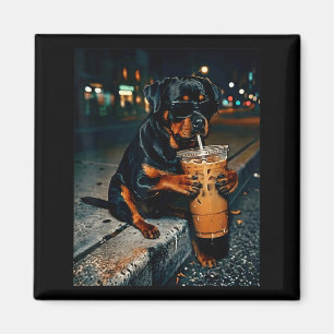 Dog rottweiler drinking iced coffee funny animal magnet