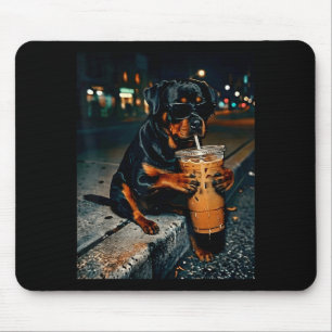 Dog rottweiler drinking iced coffee funny animal mouse pad
