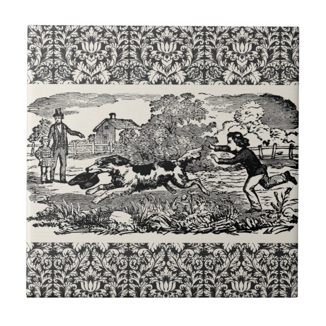 Dog running antique pet art victorian illustration ceramic tile (Front)