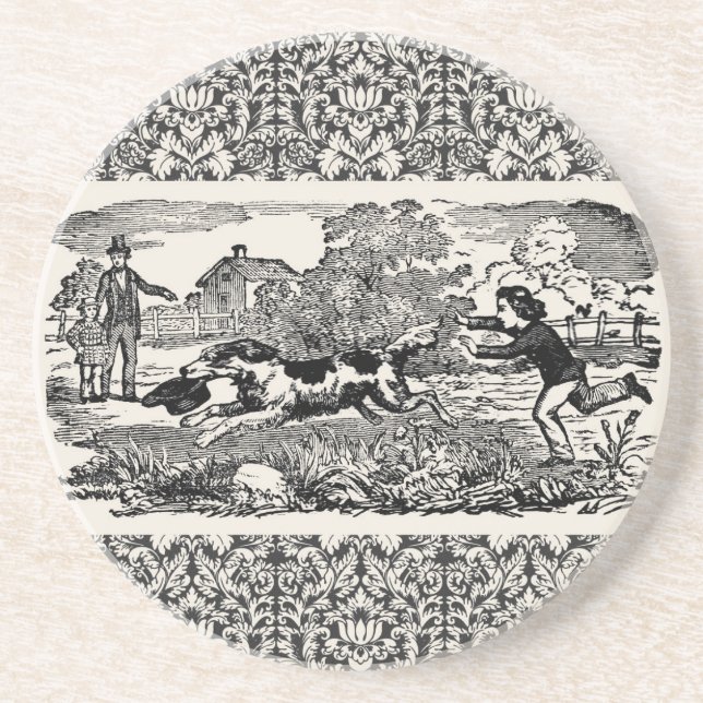 Dog running antique pet art victorian illustration coaster (Front)