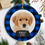 Dog Rustic Christmas Blue Plaid Puppy Pet Photo Ce Ceramic Ornament<br><div class="desc">Decorate your tree or send a special gift with this super cute personalised custom pet photo holiday ornament. Add your dog's photos and personalise with name and year. Ornament is double sided, you can do different photos each side. COPYRIGHT © 2020 Judy Burrows, Black Dog Art - All Rights Reserved....</div>