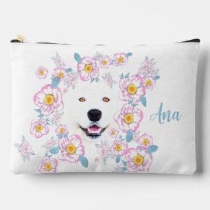 Dog Samoyed and pink flowers, customized name Accessory Pouch