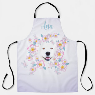 Dog Samoyed and pink flowers, customized name Apron