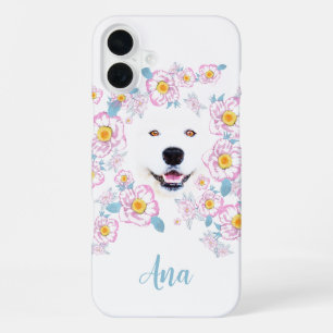 Dog Samoyed and pink flowers, customized name iPhone 16 Plus Case