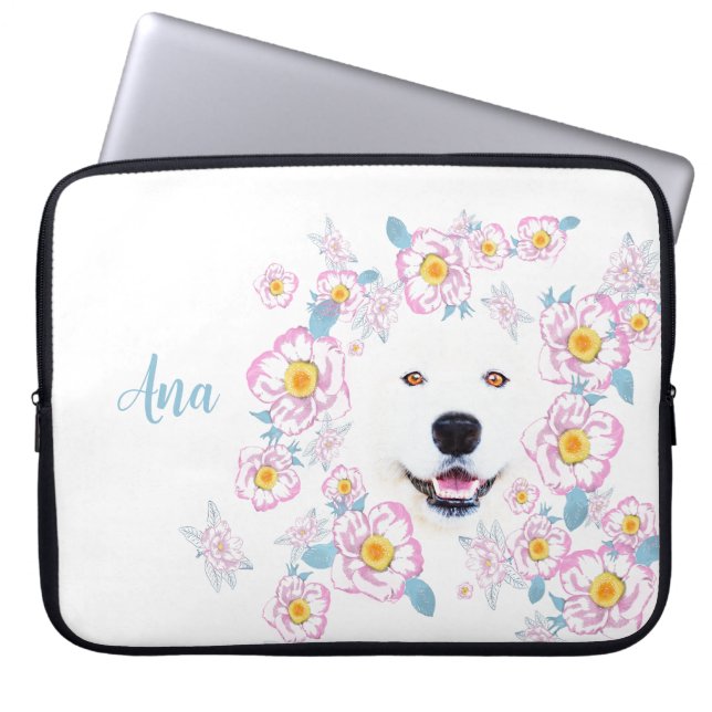 Dog Samoyed and pink flowers, customized name Laptop Sleeve (Front)