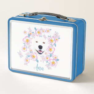 Dog Samoyed and pink flowers, customized name Metal Lunch Box