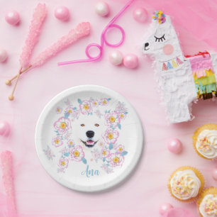 Dog Samoyed and pink flowers, customized name Paper Plate