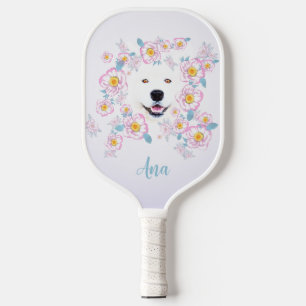Dog Samoyed and pink flowers, customized name Pickleball Paddle