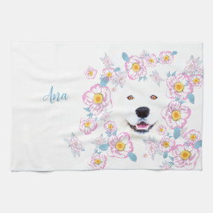 Dog Samoyed and pink flowers, customized name Tea Towel