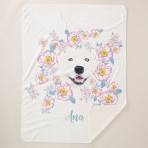 Dog Samoyed and pink flowers 