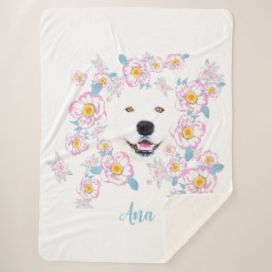 Dog Samoyed and pink flowers  Sherpa Blanket
