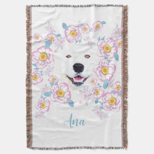 Dog Samoyed and pink flowers  Throw Blanket (Front Vertical)