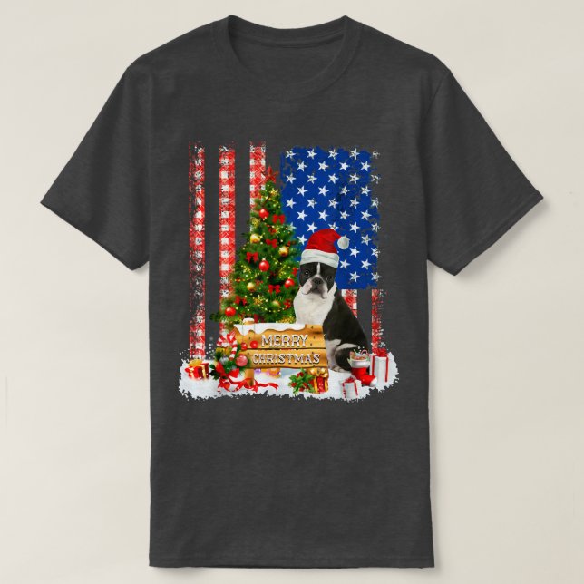 Dog Santa Hat And Xmas Tree American Flag Merry Ch T-Shirt (Design Front)