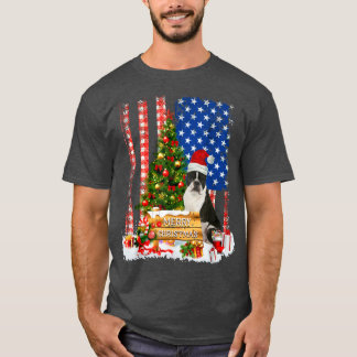 Dog Santa Hat And Xmas Tree American Flag Merry Ch T-Shirt