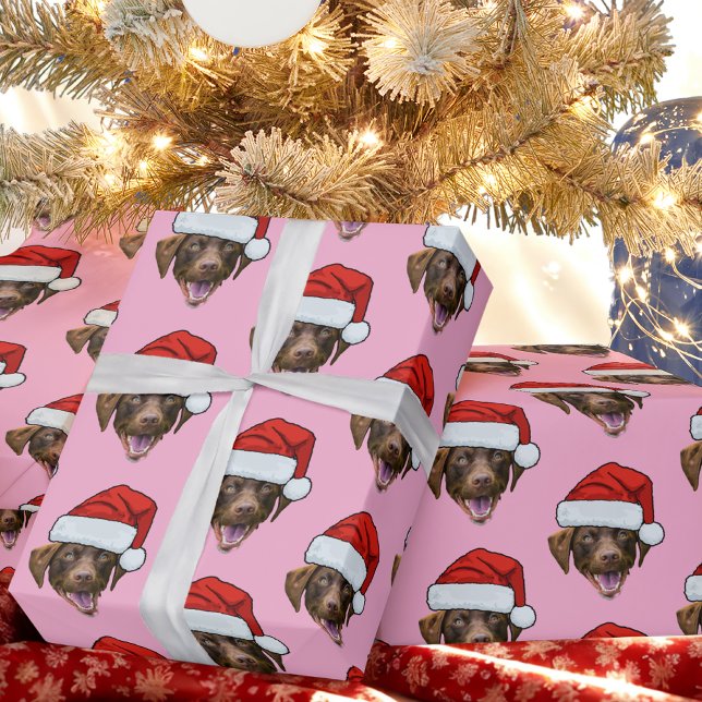 Dog Santa Hat | Custom Face Photo Pink Christmas Wrapping Paper (Creator Uploaded)