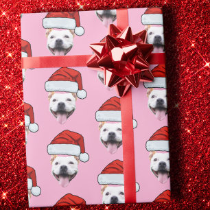 Dog Santa Hat Custom Face Photo Pink Christmas Wrapping Paper