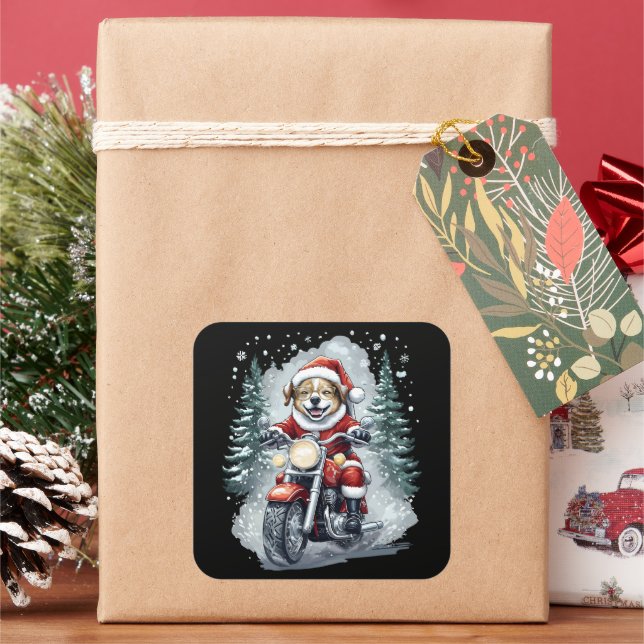 Dog Santa Motorcycle Black Background Square Sticker (Holiday)