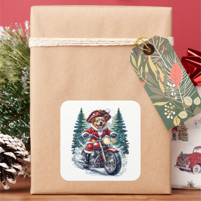 Dog Santa Riding Motorcycle Snowy Forest Square Sticker (Holiday)