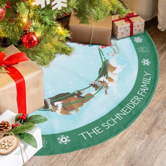 Dog Shelties Pulling Christmas Sleigh Fleece Tree Skirt (Shelties-as-Reindeers with family name around the edge)