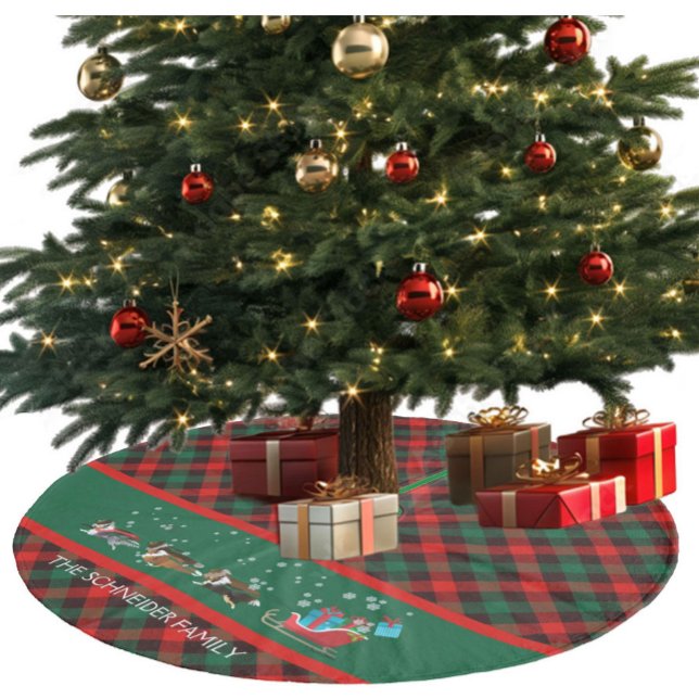Dog Shelties Pulling Christmas Sleigh Plaid Fleece Tree Skirt (Red-Green Plaid with Shelites-as-Reindeers pulling a red Sleigh. Add your family name.)