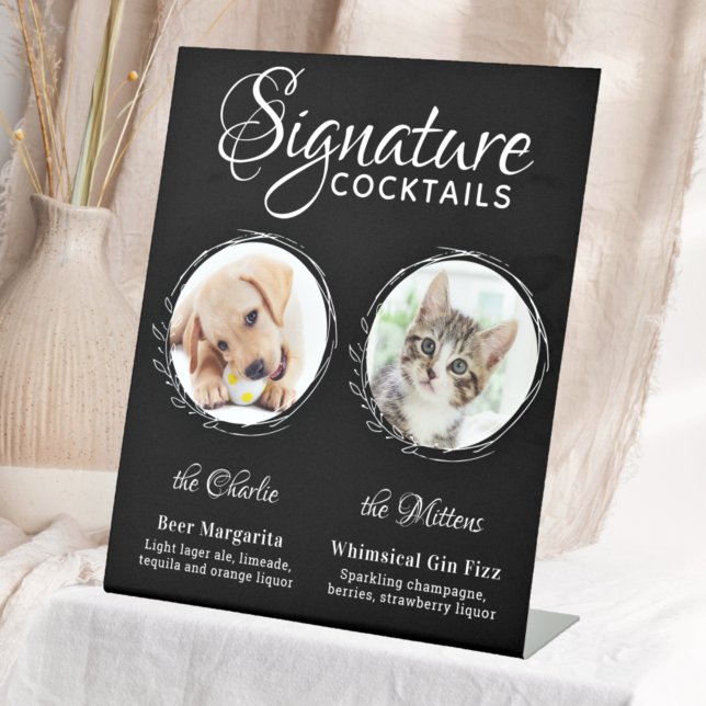 Dog Signature Drinks Black 2 Photo Pet Wedding Bar Pedestal Sign (Creator Uploaded)