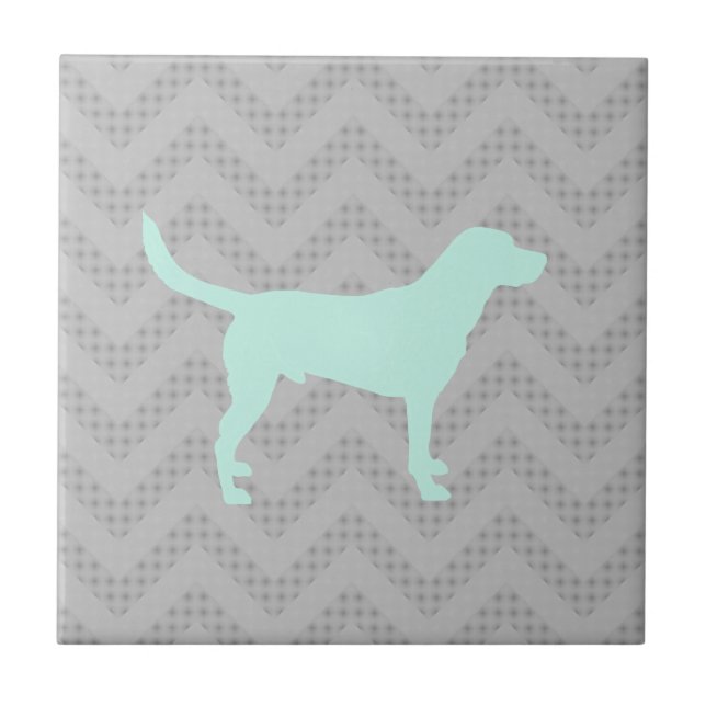 Dog Silhouette in Mint on Chevron Zigzag pattern Tile (Front)
