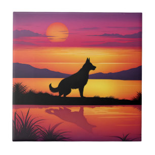 Dog Silhouette on Sunset Ceramic Tile