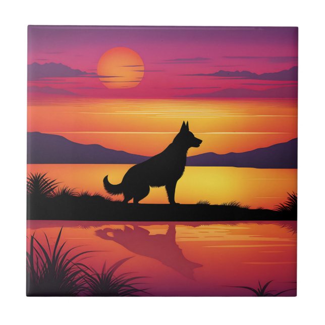 Dog Silhouette on Sunset Ceramic Tile (Front)