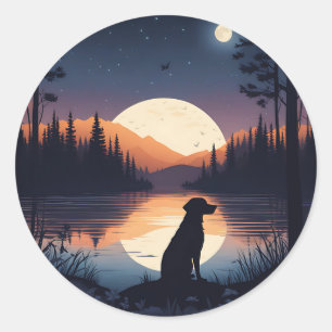 Dog Silhouette Under the Moon Classic Round Sticker