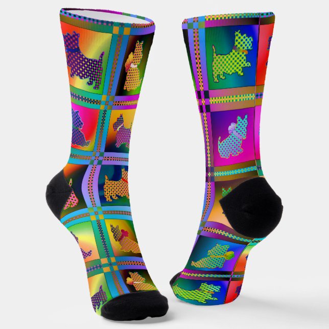Dog Silhouettes Creating Colorful Grid Pattern Socks (Angled)