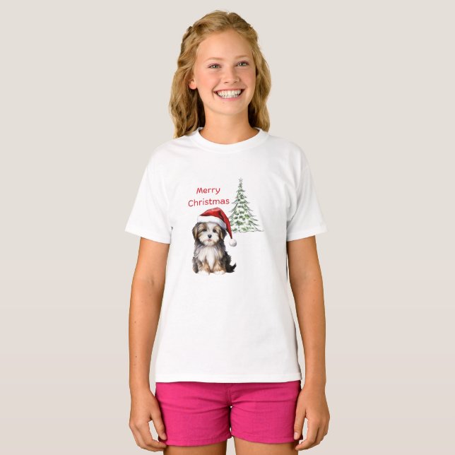 Dog sits with Christmas tree in the background T-Shirt (Front Full)