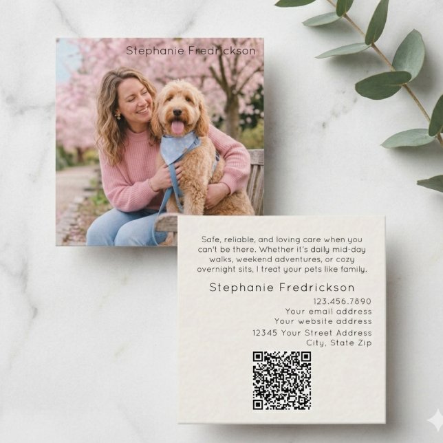 Dog Sitter Walker Photo QR Code Business Card (Square dog sitter business card featuring a friendly pet photo template for local dog walkers.)