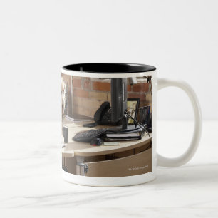 Dog Sitting at Desk Two-Tone Coffee Mug