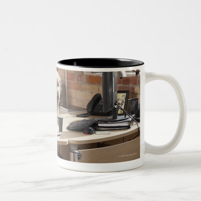 Dog Sitting at Desk Two-Tone Coffee Mug (Right)